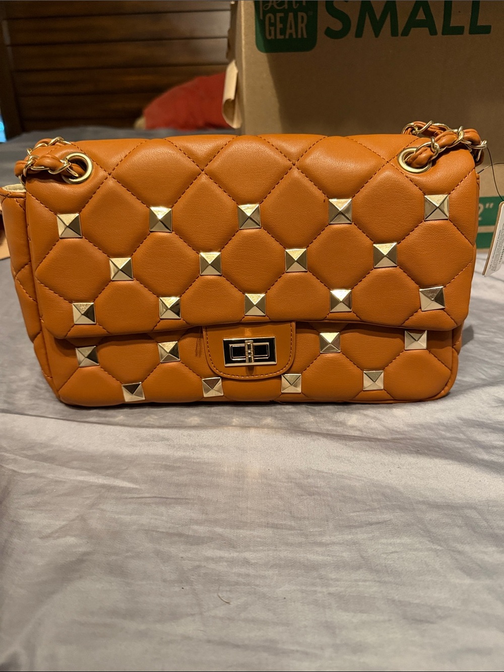 Quilted Studded Shoulder Bag in light brown with Gold Hardware